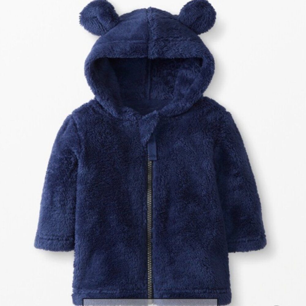 Hanna Andersson Blue furry bear hoodie with ears zip up size 6-12 months
